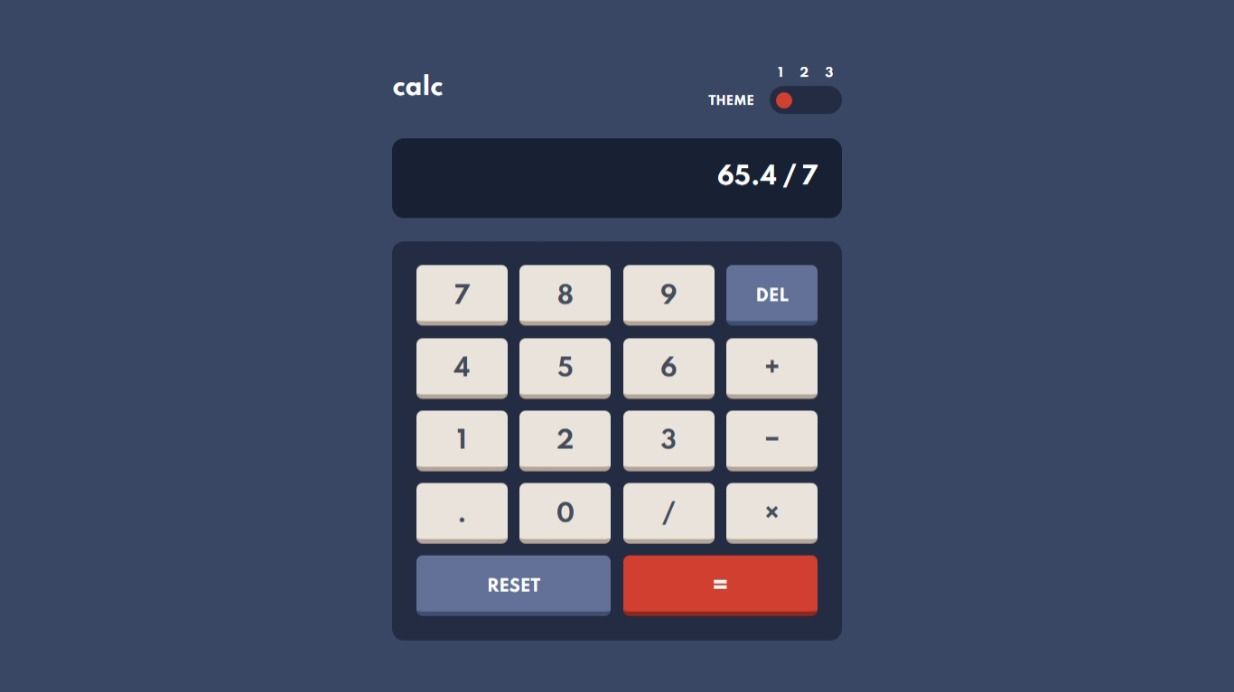 The calculator displaying the expression '65.4 / 7' in the int state.
