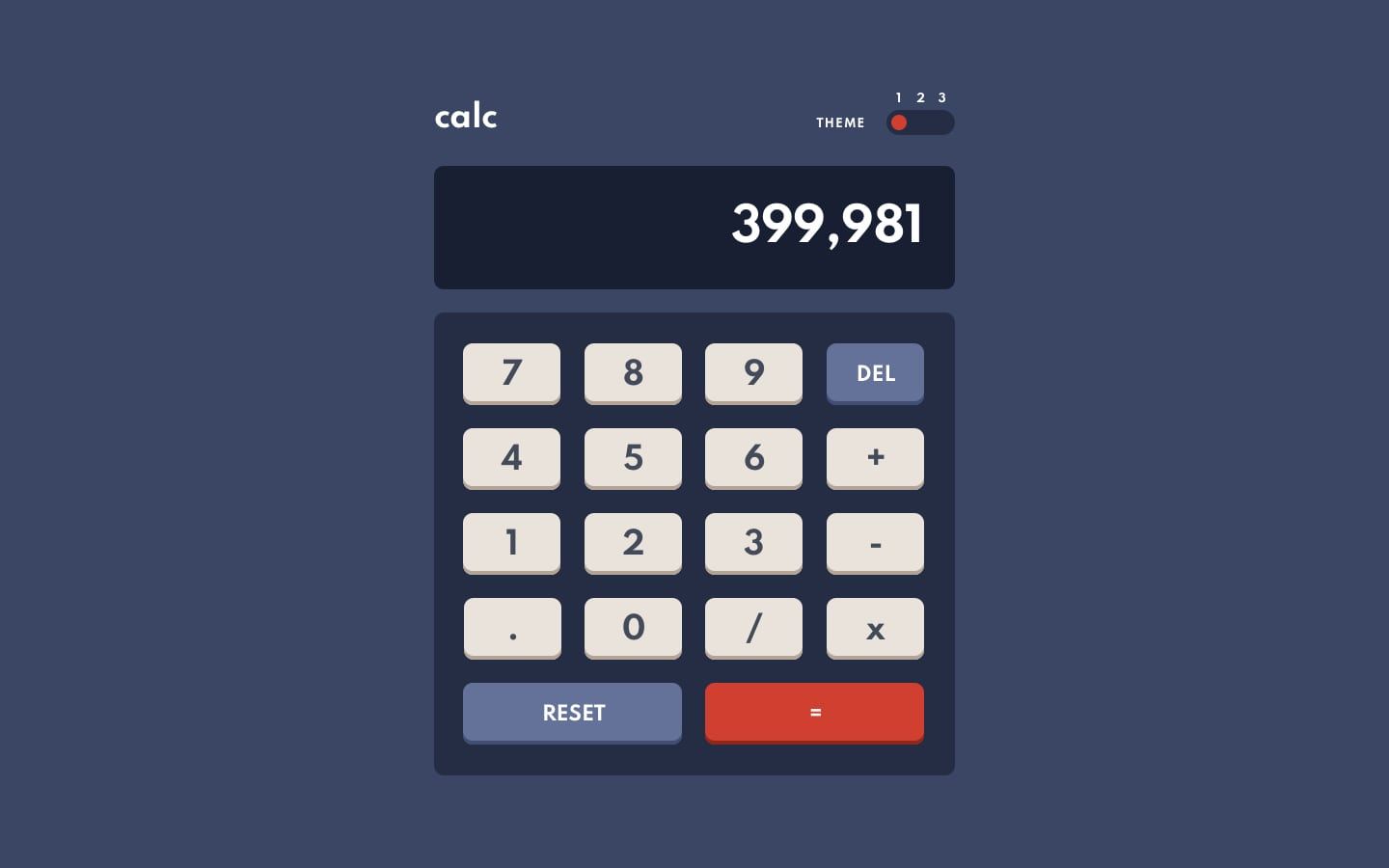 The calculator design featuring a display, a grid of buttons and a theme switch. The buttons are labelled 0 to 9, +, −, ×, /, DEL, RESET and =.
